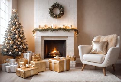The primary subject of the image is a fireplace with a fire burning in it. The fireplace is located in a living room, and there is a chair placed in front of it. The setting is a cozy and warm environment, with a Christmas tree nearby. The visual style of the image is a photo, capturing the warmth and ambiance of the living room during the holiday season. The colors and mood of the image are predominantly warm and inviting, with the fireplace and Christmas tree adding to the fest